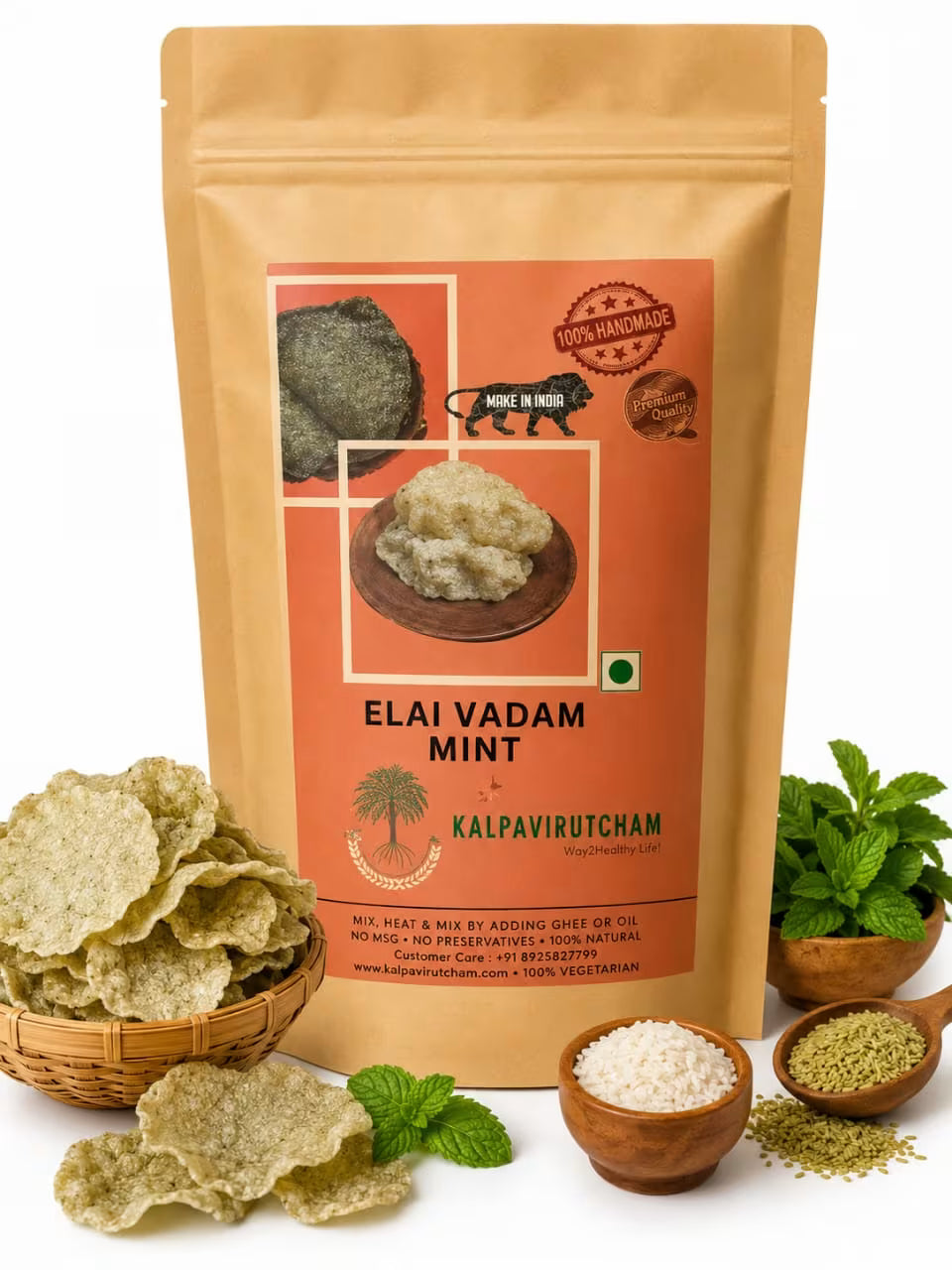 Kalpavirutcham Elai Vadam Mint Flavor Handmade Rice Appalam  -  500Gram, Mint