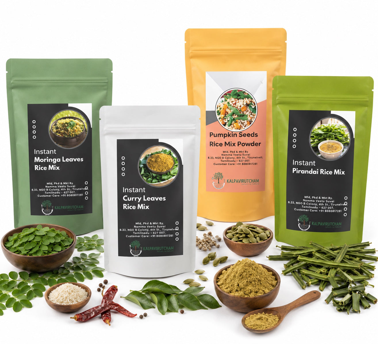 Kalpavirutcham Instant Rice Mix – [Curry Leaf/Pirandai/Pumpkin Seed/Murungai Leaf] |  Ready Mix  - 250G, Moringa Leaf