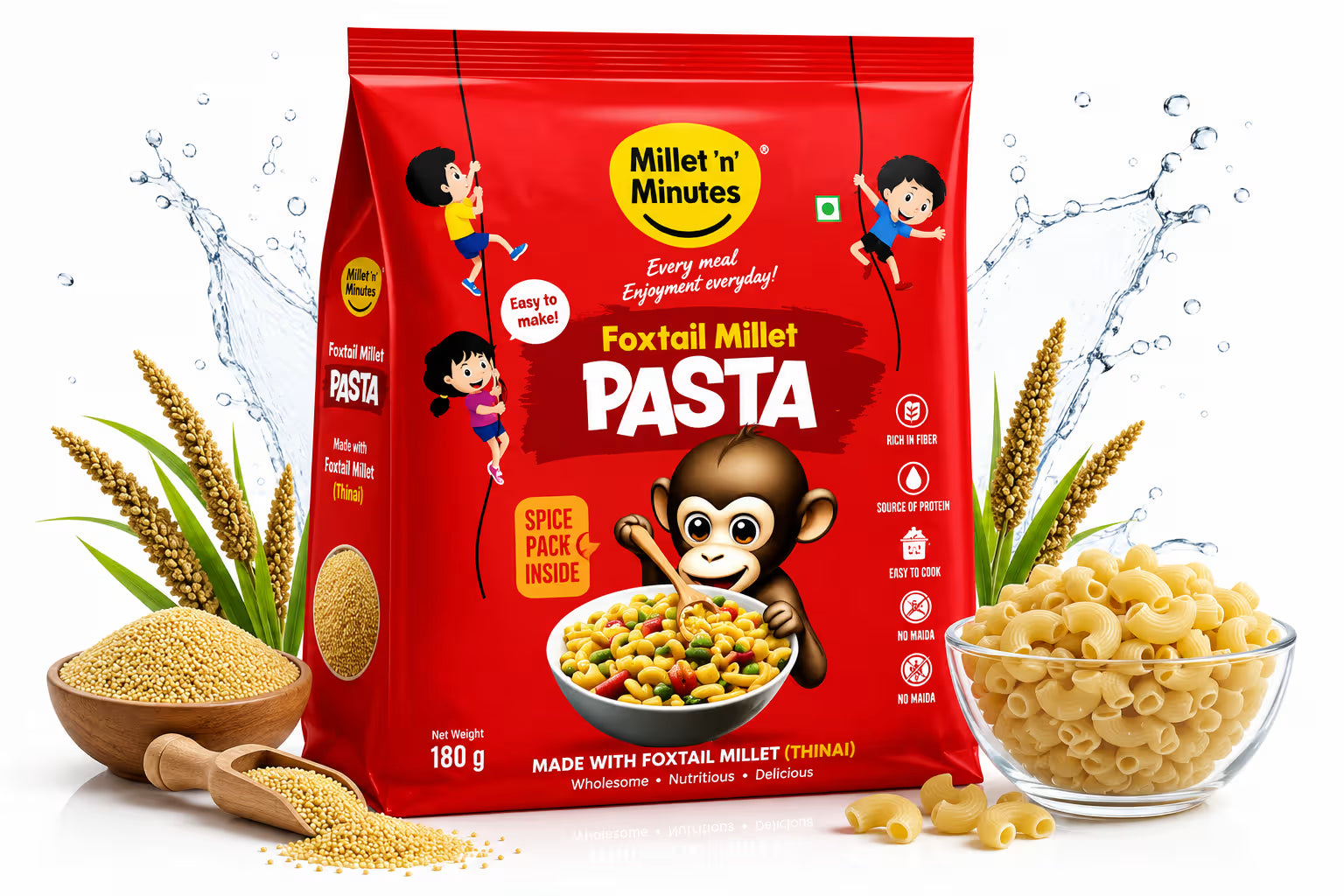 Millet 'n' Minutes Millet Pasta - Foxtail - 180 g (Pack of 2)