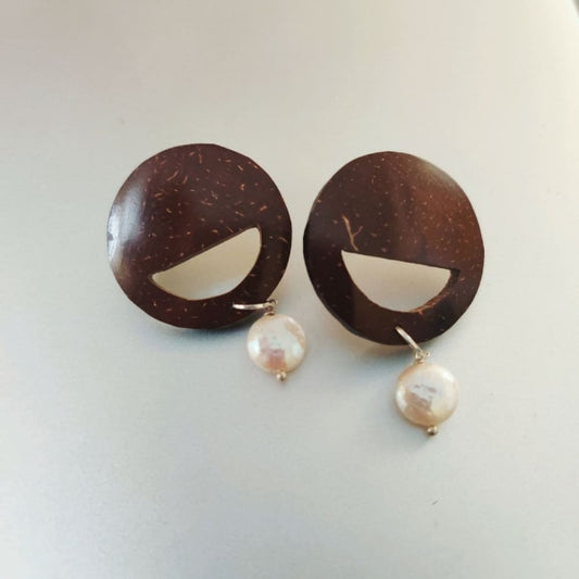 Onearth Pearl & Round Coconut Shell Earrings (Golden Hook)-10g