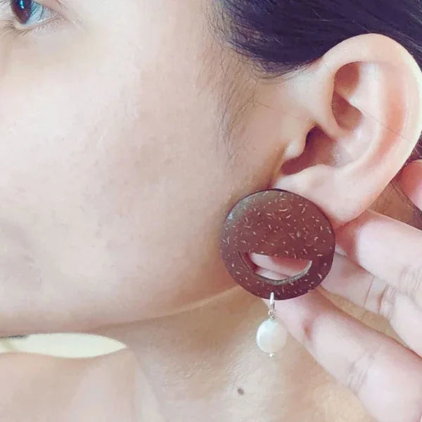 Onearth Pearl & Round Coconut Shell Earrings (Golden Hook)-10g - Orgoshops