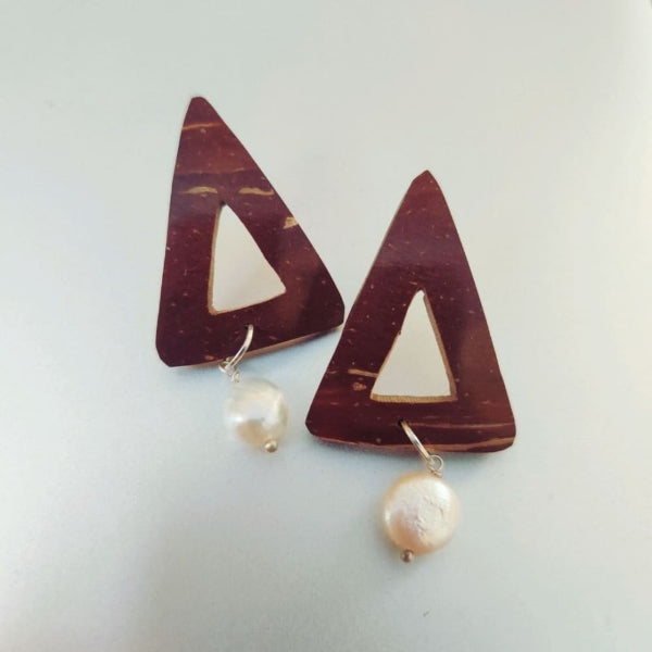 Onearth Pearl & Triangle Coconut Shell Earrings (Golden Hook)-10g