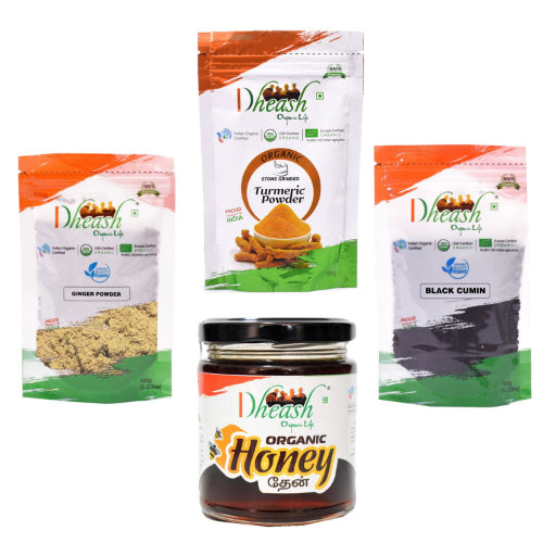 Organic Immunity Combo Pack which includes Turmeric Powder, Ginger Powder, Black Cumin Seeds, and Natural Honey.