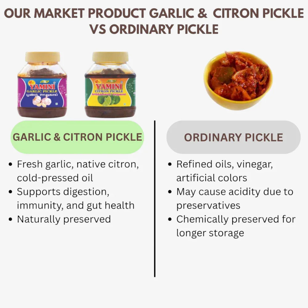 Yamini Foods Garlic Pickle / Citron Pickle / Poondu Orugai / Narthangai Orugai - 500 g - Orgoshops