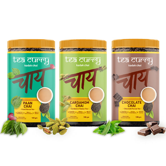 Teacurry Flavored Chai Combo Pack (3x100 Grams)- Paan, Cardomon, Chocolate