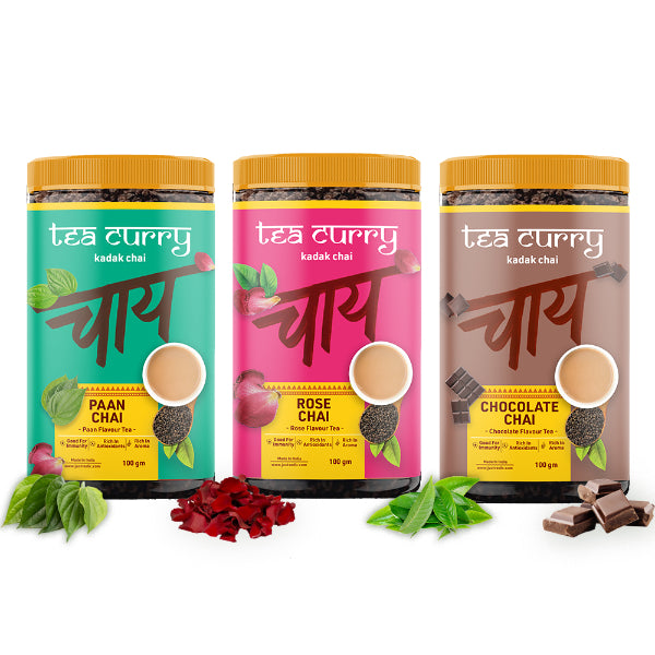 Teacurry Flavored Chai Combo Pack (3x100 Grams) – Paan, Rose, Chocolate