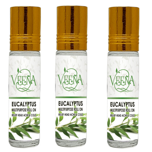 Veena Products Eucalyptus Multipurpose Roll On – Relief Head Ache And Cold - 10 ml ( Pack of 3)