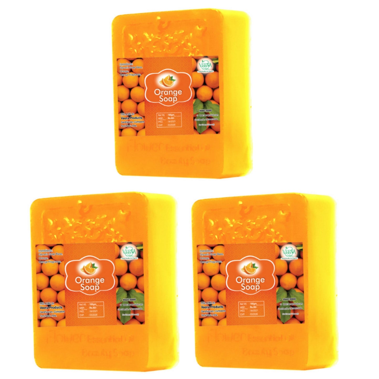 Veena Products Orange Soap - 100g ( Pack of 3 )