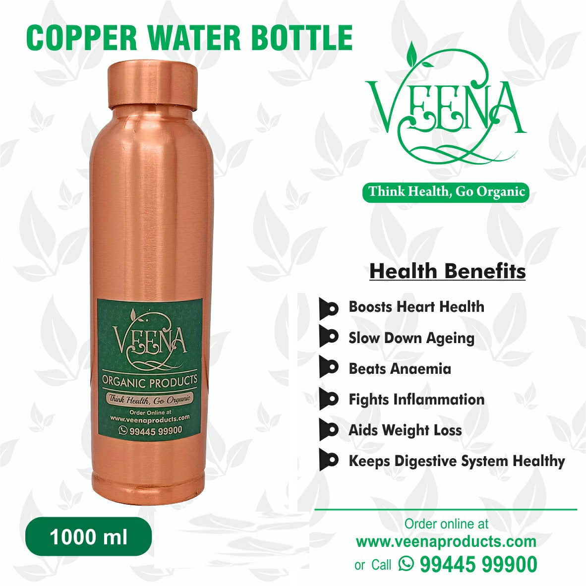 Veena Product Copper Water Bottle - Dr. Choice - 1000 ml