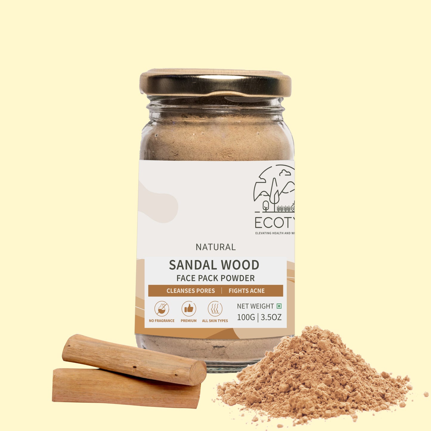 Ecotyl Pure Sandalwood Powder | Face Pack for Skin Brightening & Pore Cleansing  - 100g