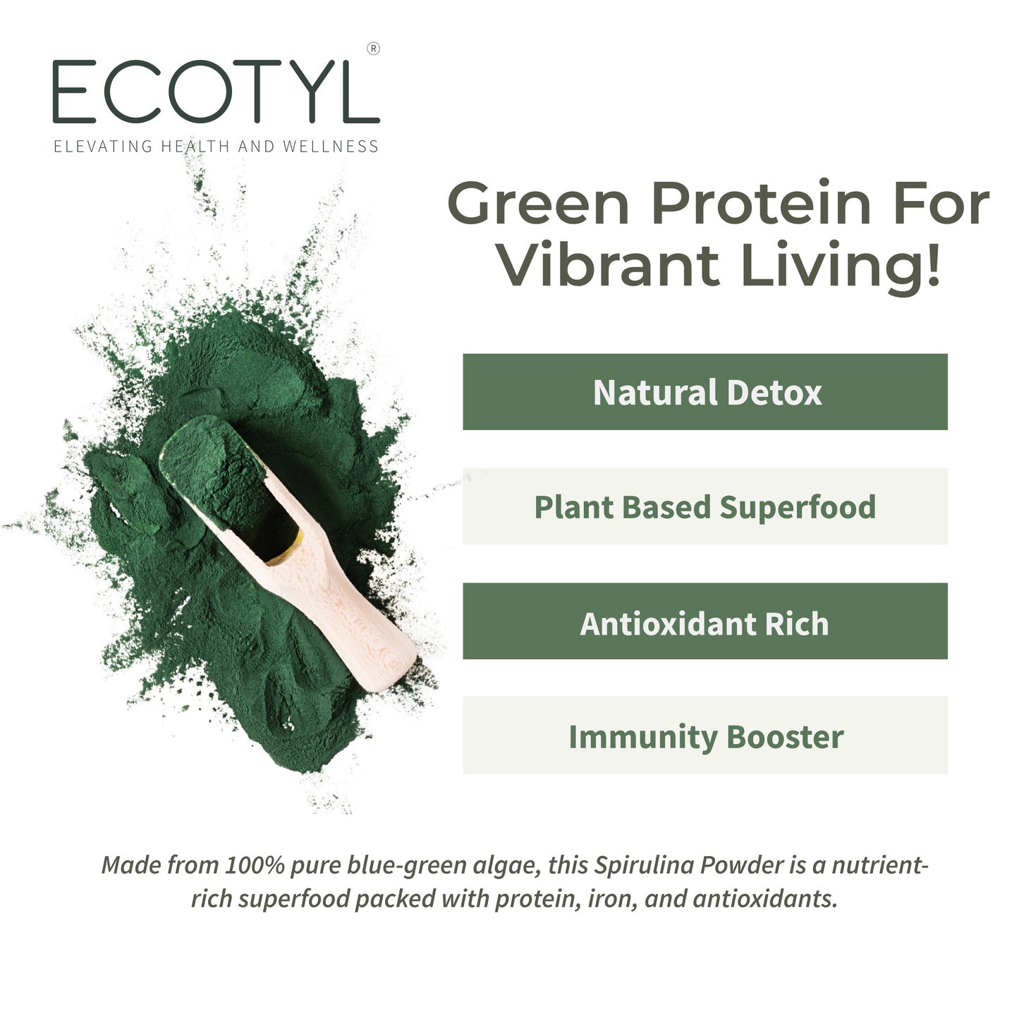 Ecotyl Spirulina Powder | Superfood | High Protein & Nutrients  - 100g