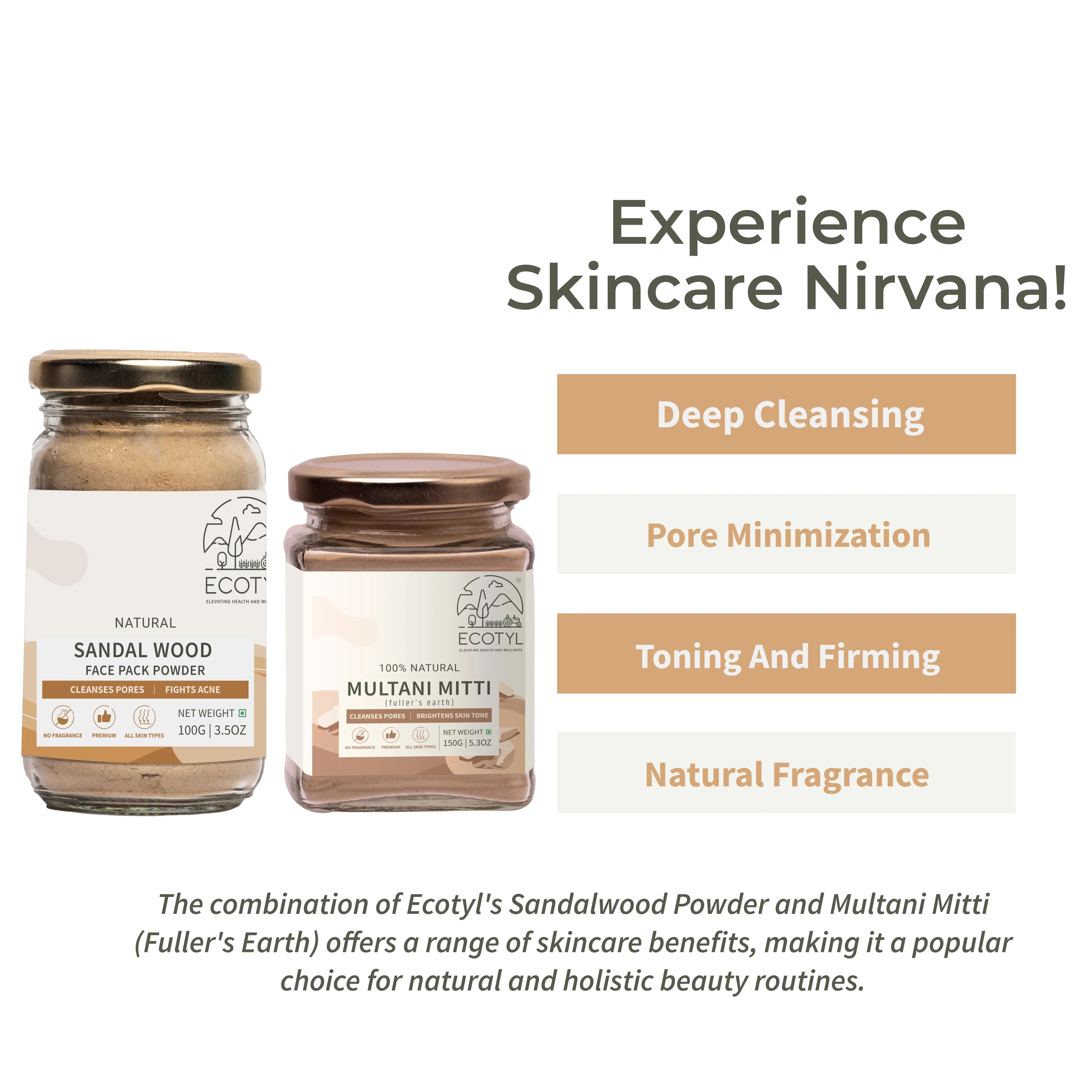 Ecotyl Face Pack Combo - Sandalwood Powder and Multani Mitti | Duo for Skin Brightening and Glow - 100g + 150g - Orgoshops