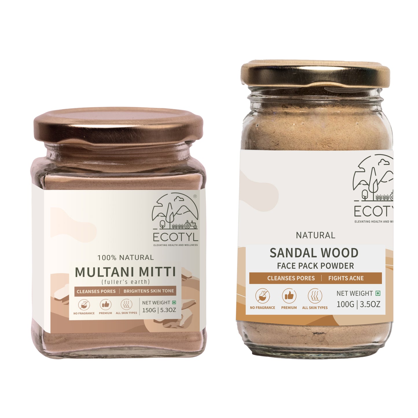 Ecotyl Face Pack Combo - Sandalwood Powder and Multani Mitti | Duo for Skin Brightening and Glow - 100g + 150g