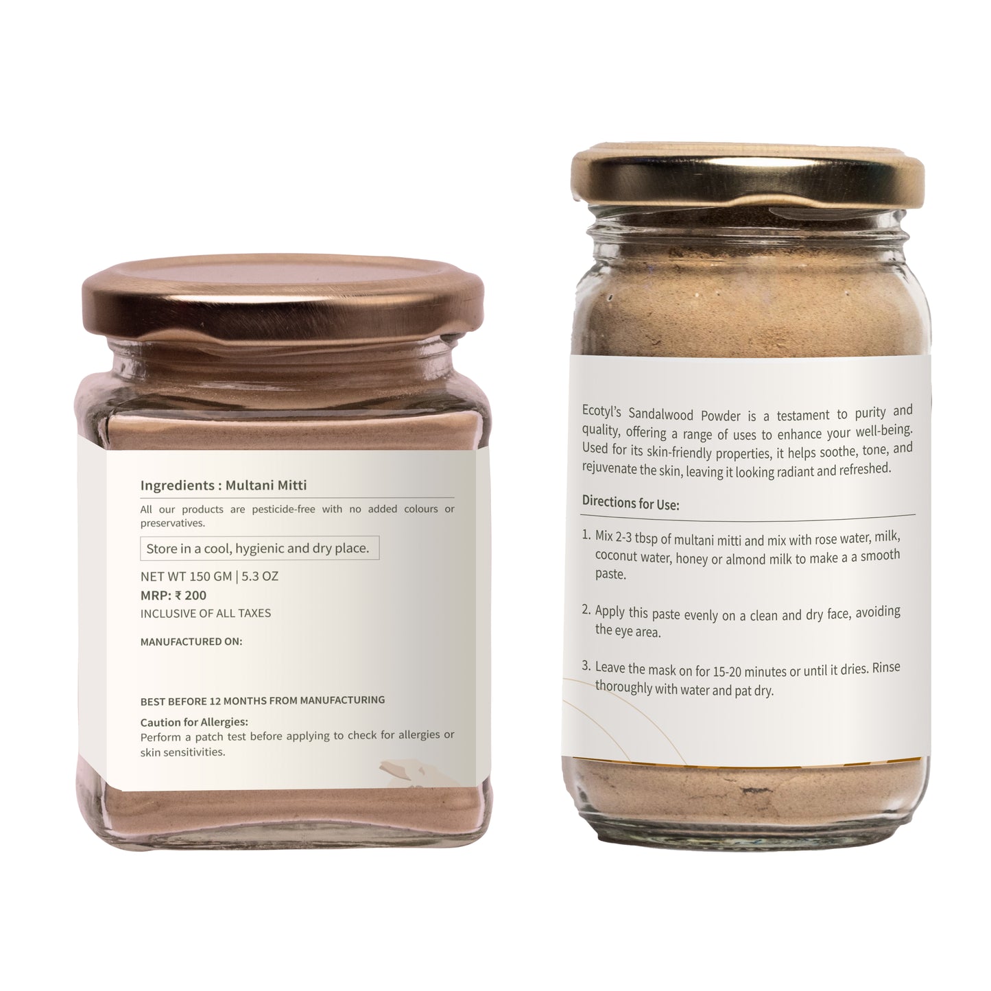 Ecotyl Face Pack Combo - Sandalwood Powder and Multani Mitti | Duo for Skin Brightening and Glow - 100g + 150g