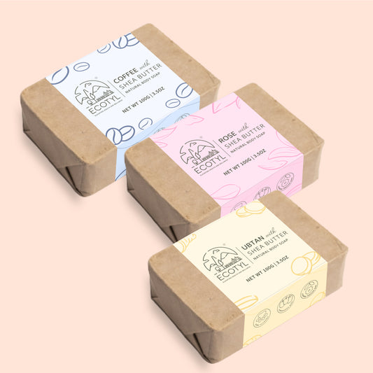 Ecotyl Shea Butter Soaps - Ubtan, Rose & Coffee | 100% Natural | Gentle Cleanser  - Set of 3