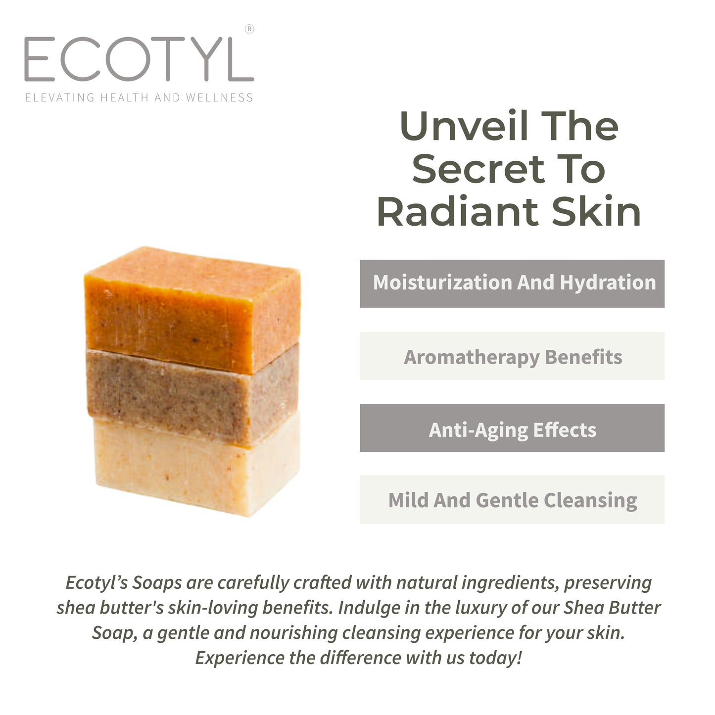 Ecotyl Shea Butter Soaps - Ubtan, Rose & Coffee | 100% Natural | Gentle Cleanser  - Set of 3