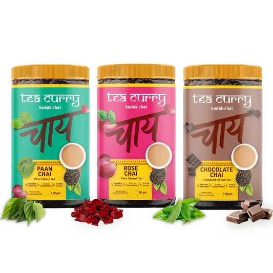 Teacurry Flavored Chai Combo Pack (3x100 Grams) – Paan, Rose, Chocolate - Orgoshops