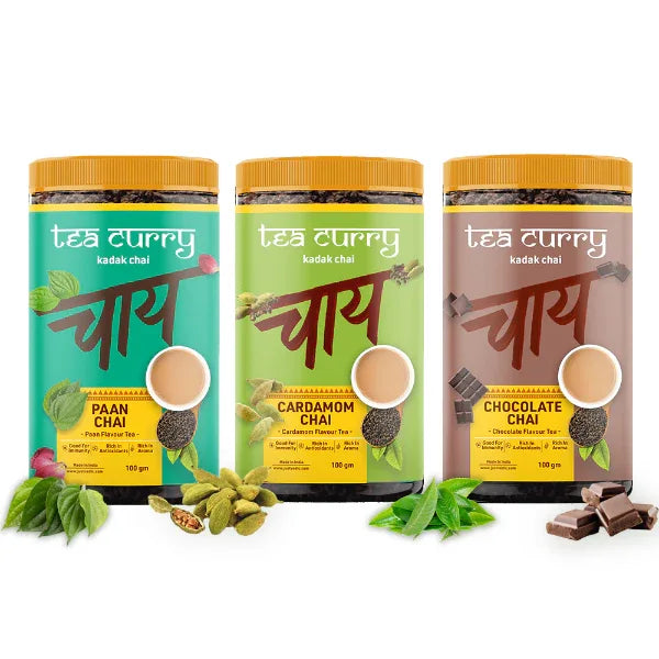 Teacurry Flavored Chai Combo Pack (3x100 Grams)- Paan, Cardomon, Chocolate - Orgoshops