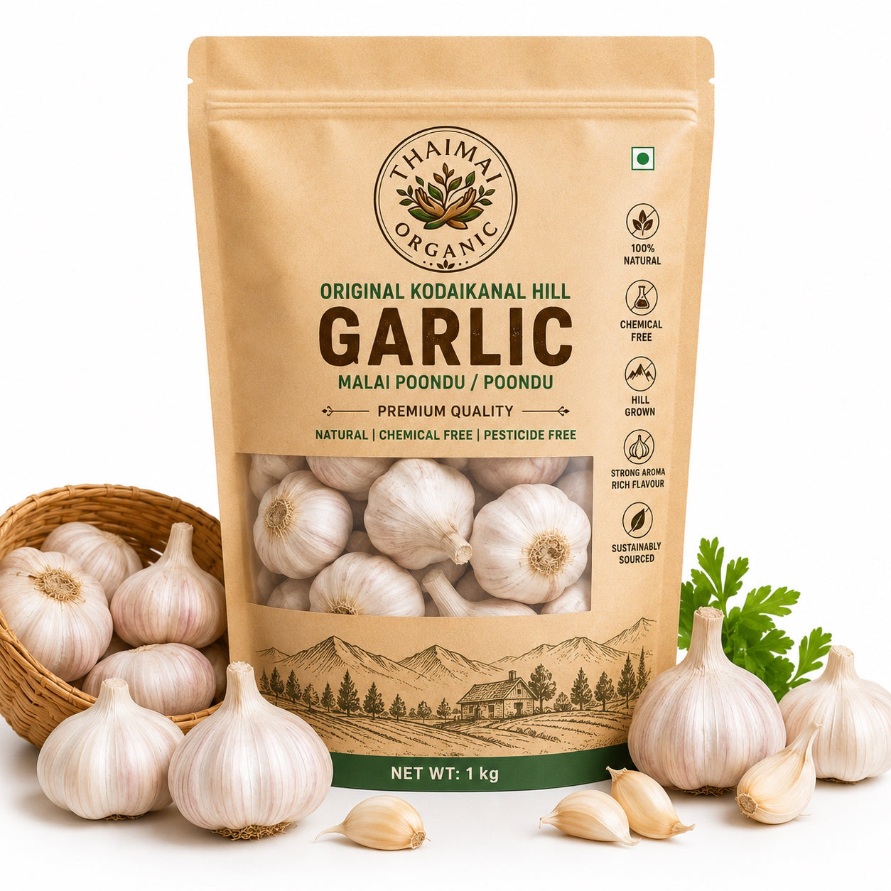 Thaiman Organic Original Kodaikanal Hill Garlic / Malai Poondu / Poondu / Garlic - 1 kg
