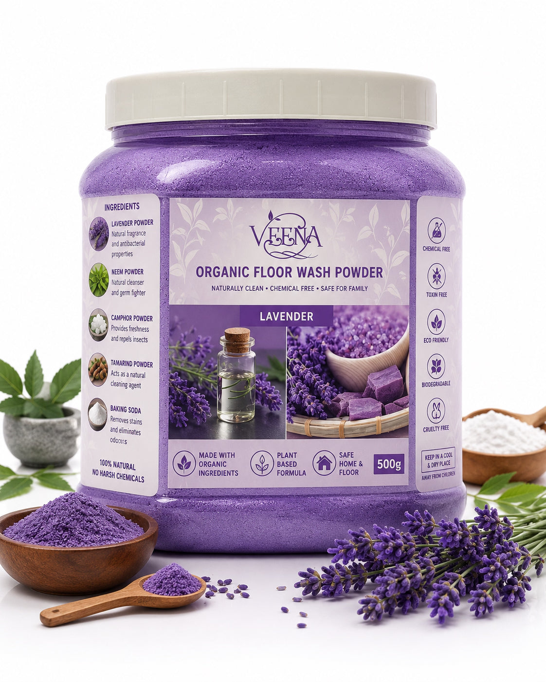 Veena Lavender Floor Wash Powder Without Turmeric - 500g ( Pack of 2 )