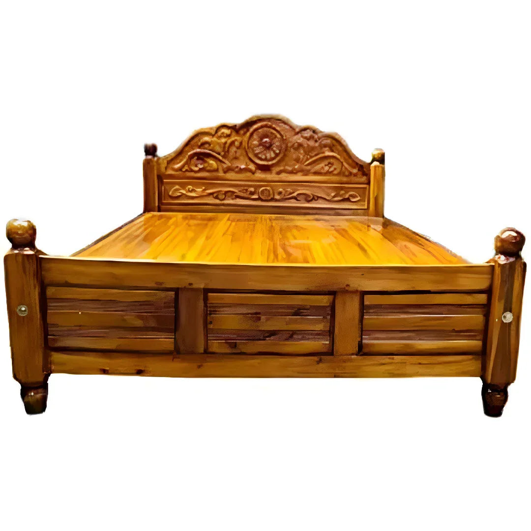 KPR Furniture Wooden Double Cot Bedsize Without Storage Teak Finish - 75 × 48 inches ( Brown ) - Orgoshops