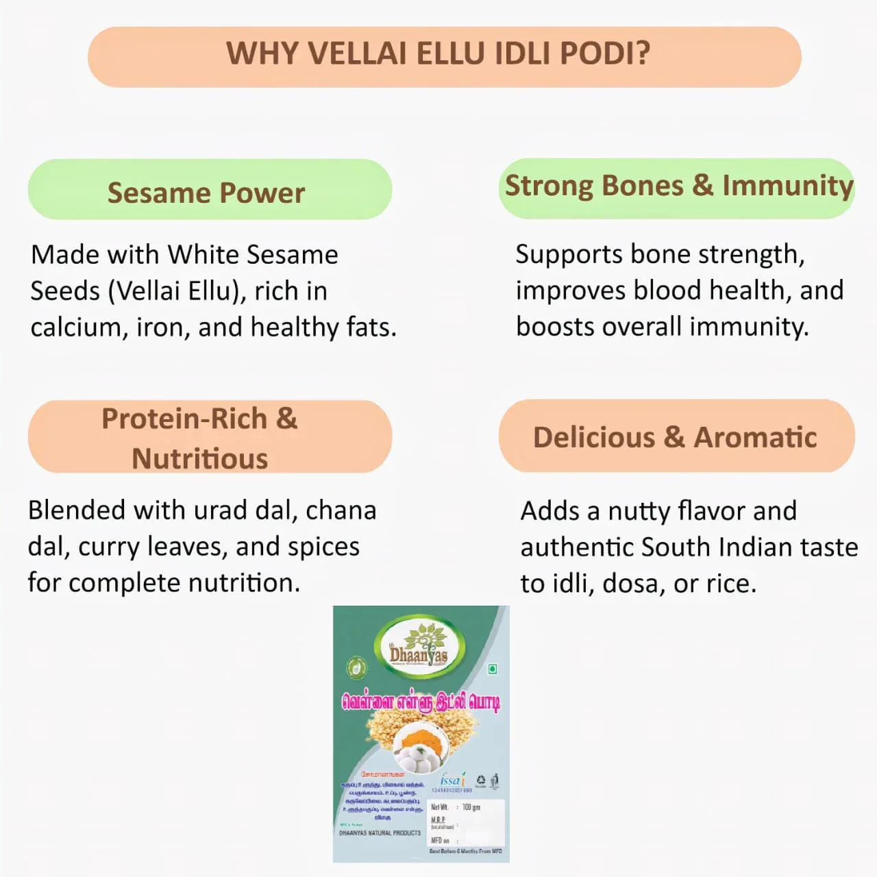 Dhaanyas Vellai Ellu Idli Podi - 100 Gms (Pack of 3) - Orgoshops