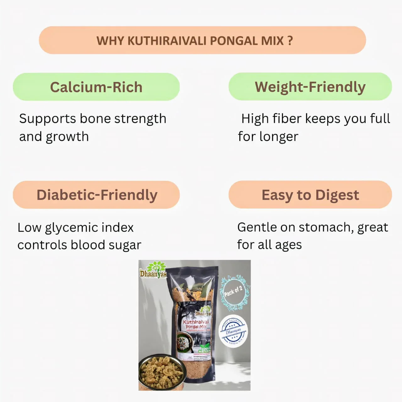 Dhaanyas Kuthiraivali Pongal Mix / Barnyard Millet Pongal Mix - 200 Gms (Pack of 2) - Orgoshops