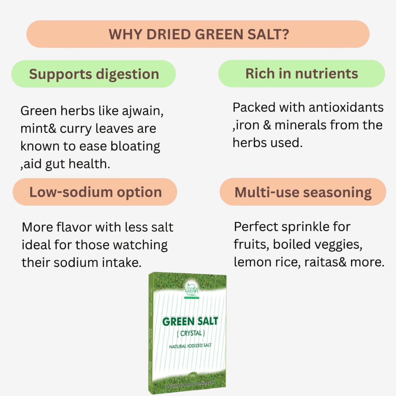 Veena Dried Green Salt ( Crystal )Added With Natural Lodine Moringa Leaf - 500g ( Pack of 4 )