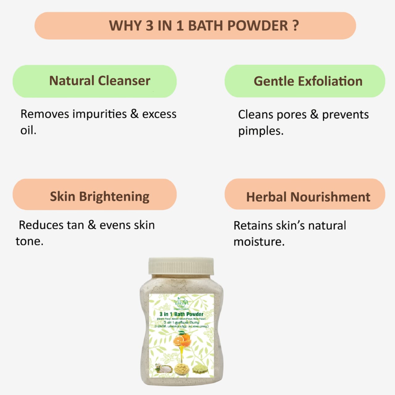 Veena 3 In 1 Bath Powder Channa Dhal, Green Mung Gram & Rice Floor - 250g ( Pack of 2 )