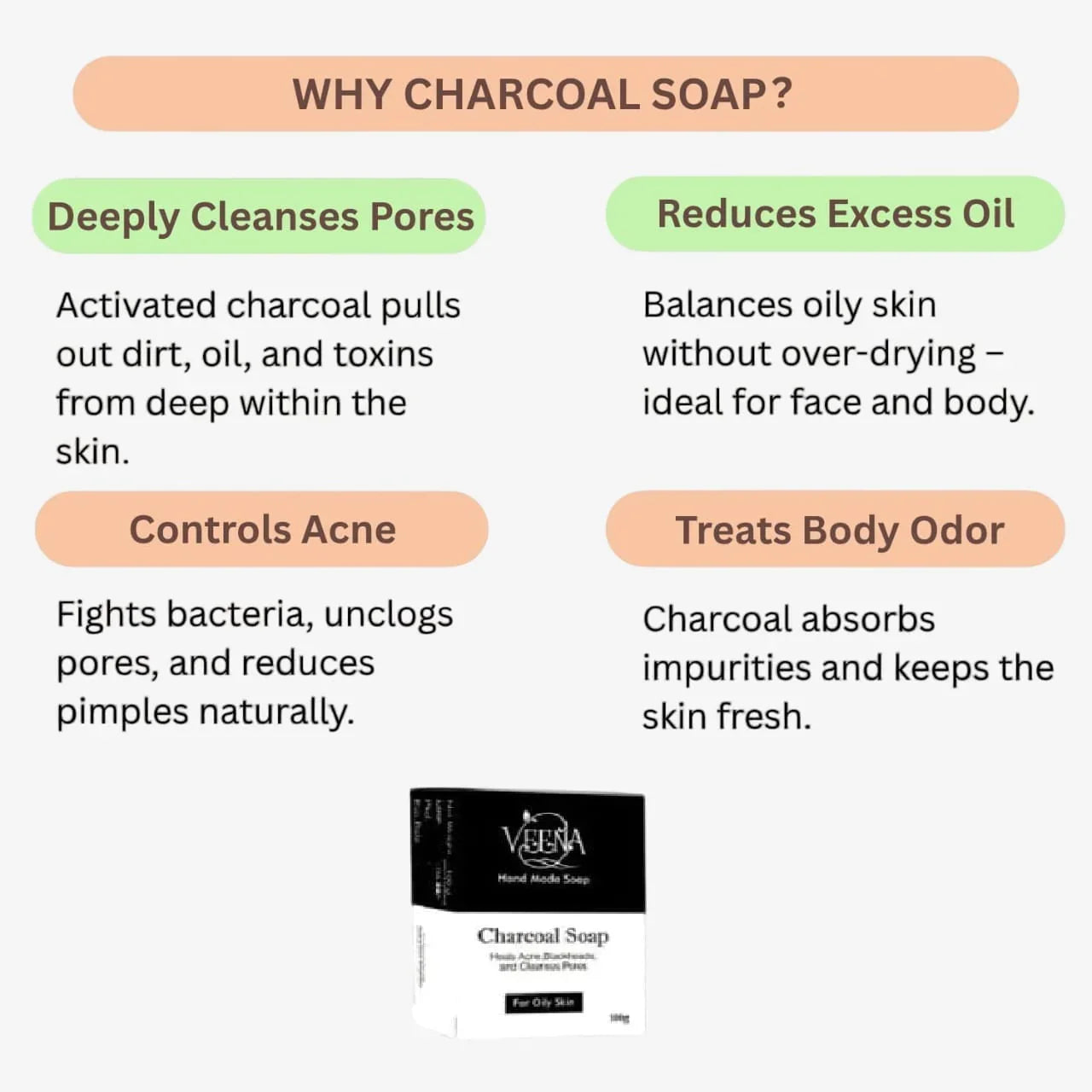 Veena Charcoal Natural Soap - 100g ( Pack of 3) - Orgoshops