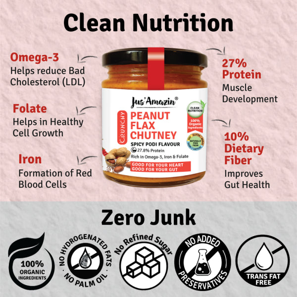 Jus Amazin Crunchy Organic Peanut Flax Chutney – Spicy Podi (200g) | 27% Protein