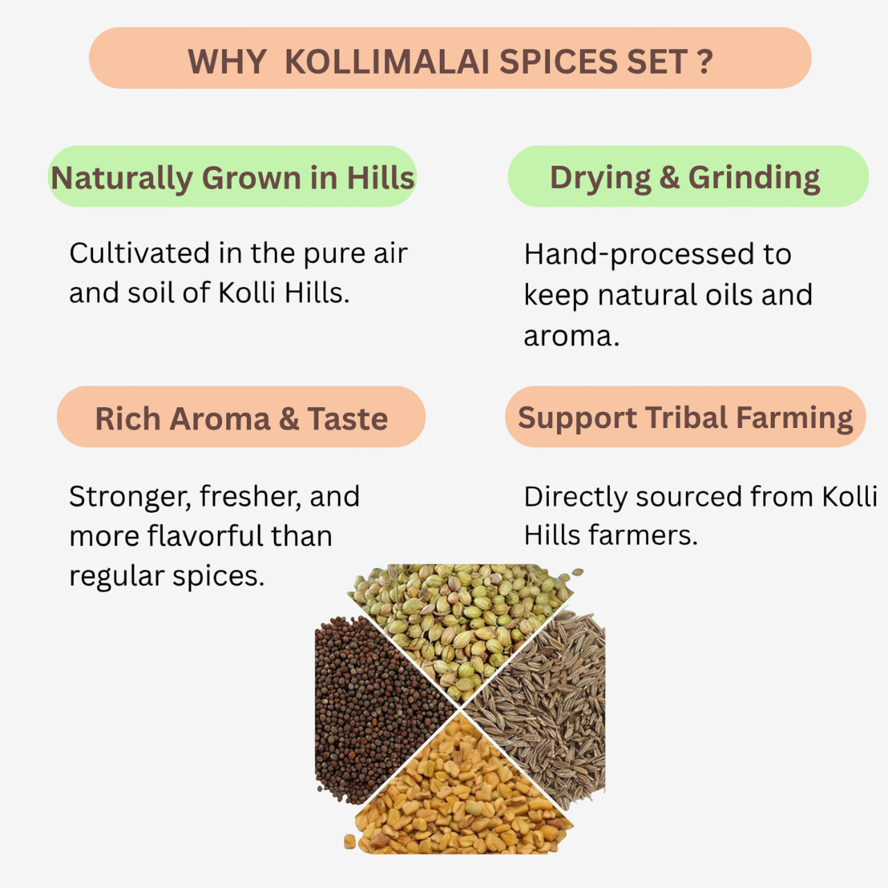 இந்திய மசாலா / கொல்லிமலை மசாலா தொகுப்பு | செயற்கை நிறங்கள் அல்லது பாதுகாப்புகள் இல்லை / 5 கிலோ / 450 கிராம்
