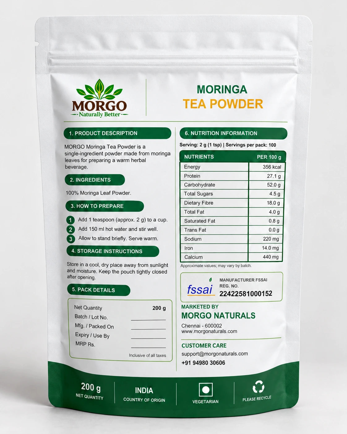MORGO Moringa Tea Cut Powder – 200g