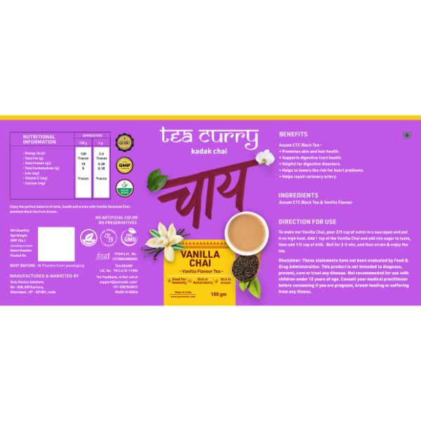 Teacurry Vanilla Chai / Vanilla Chai For Calmness And To Curb Sugar Intake-100g