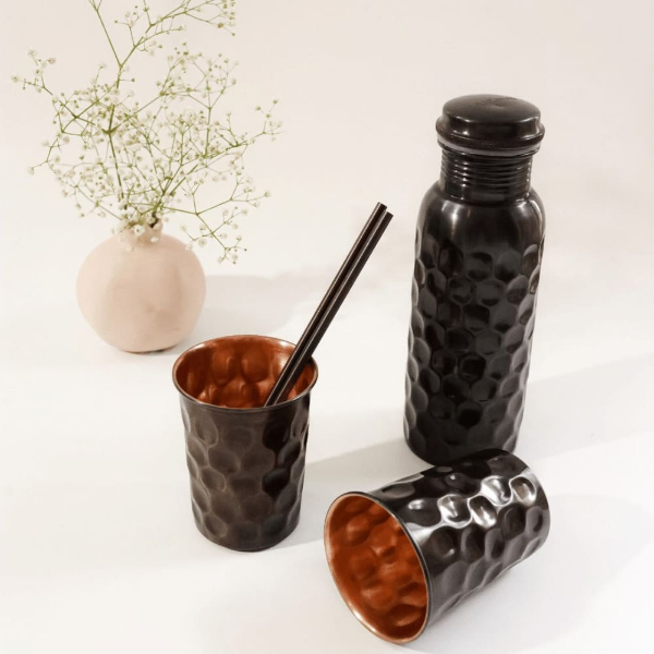 Copper Bottle Black Finish Gift Set (750ml Antique Black Bottle with 2 Glasses)-500g