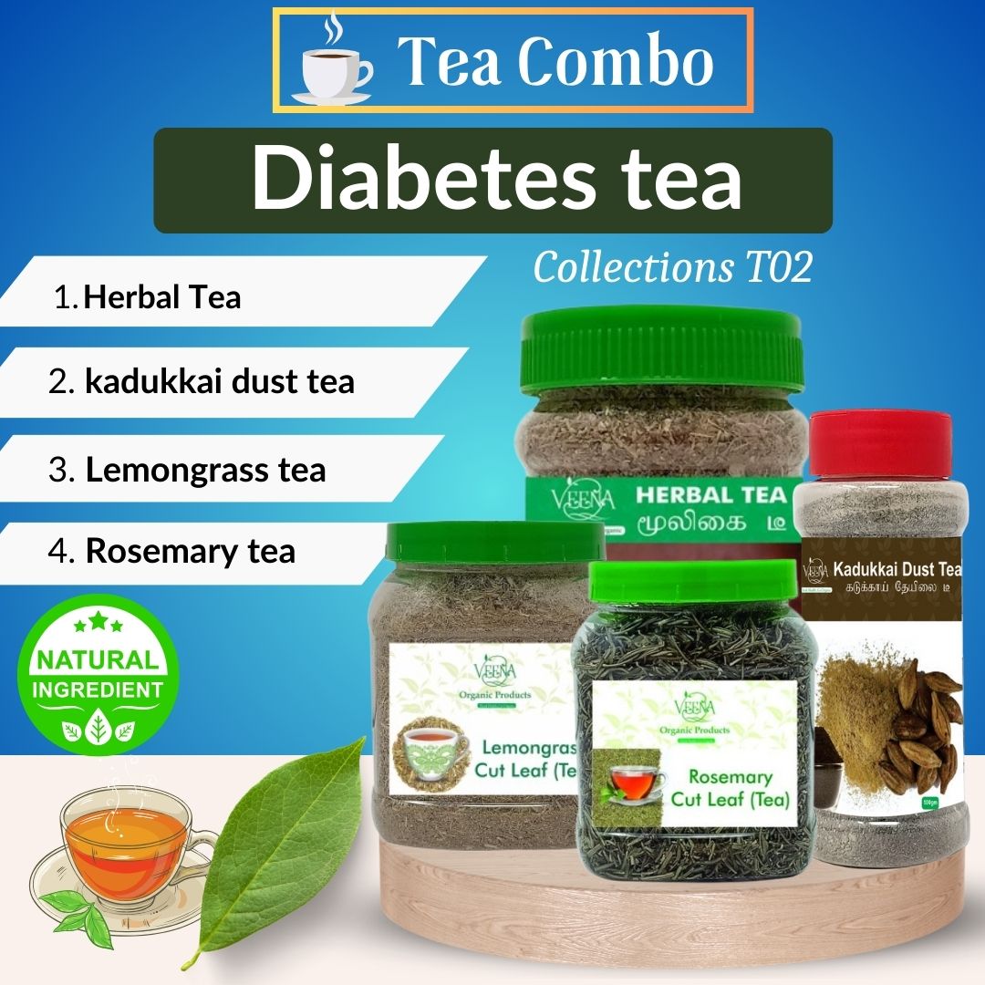 Diabetes Tea Collections T2 | Combo of Herbal Tea With 50 Herbs – 80gm ,Hartikai kadukai Dust Tea – 100g ,Lemongrass Cut Leaf Tea – 75g and Rosemery Cut Leaf Tea – 75g | Veena Product
