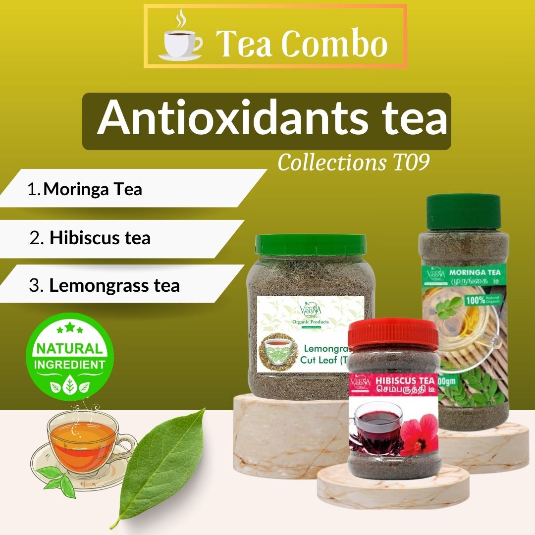 Antioxidants Tea Collections T9 | Combo of Moringa Tea – 100 g ,Hibiscus Tea – 80 g & Lemongrass Cut Leaf Tea – 75g | Veena Products