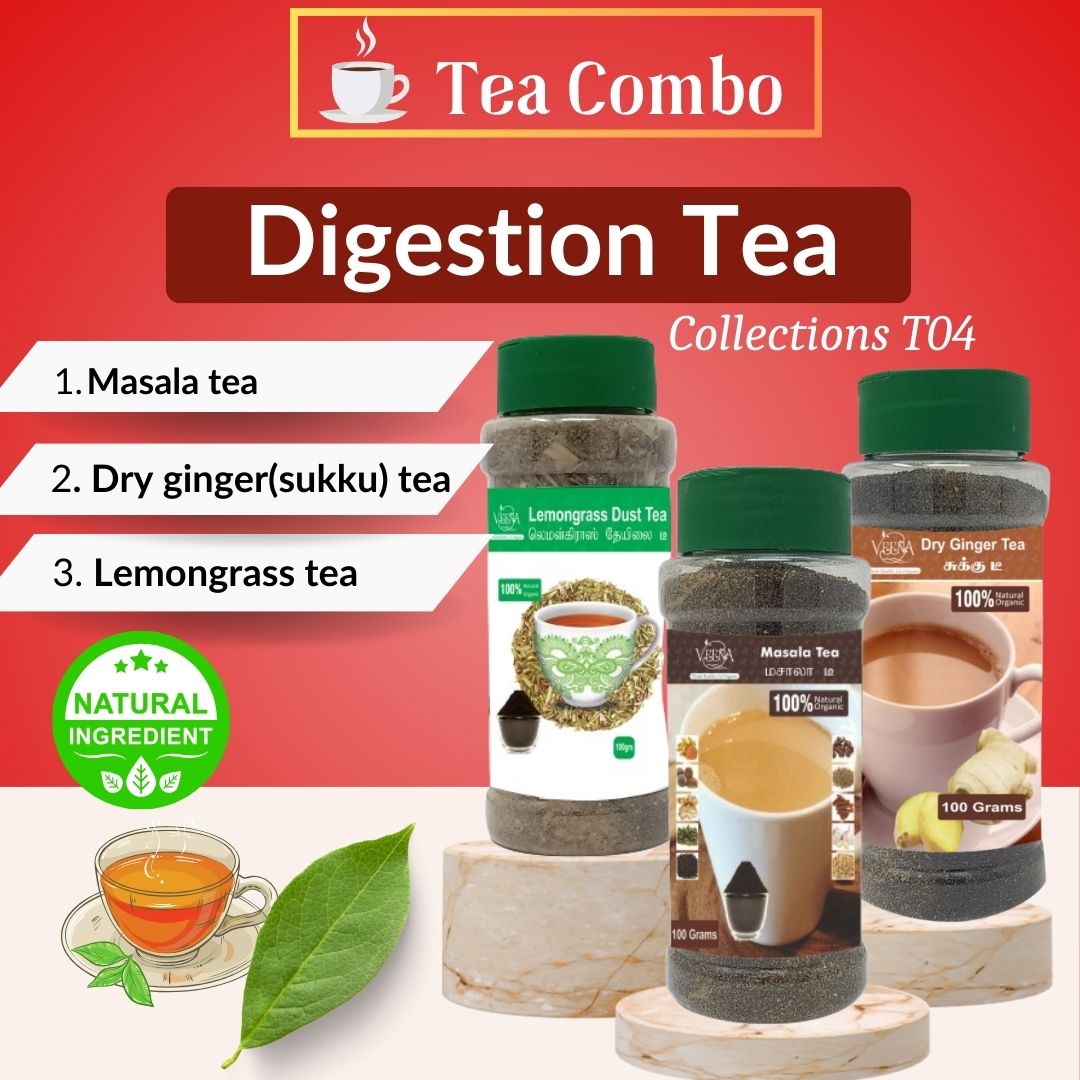 Digestion Tea Collections T4 | Combo of Sukku Tea , Masala Tea and Lemongrass Tea – Each 100g | Veena Product